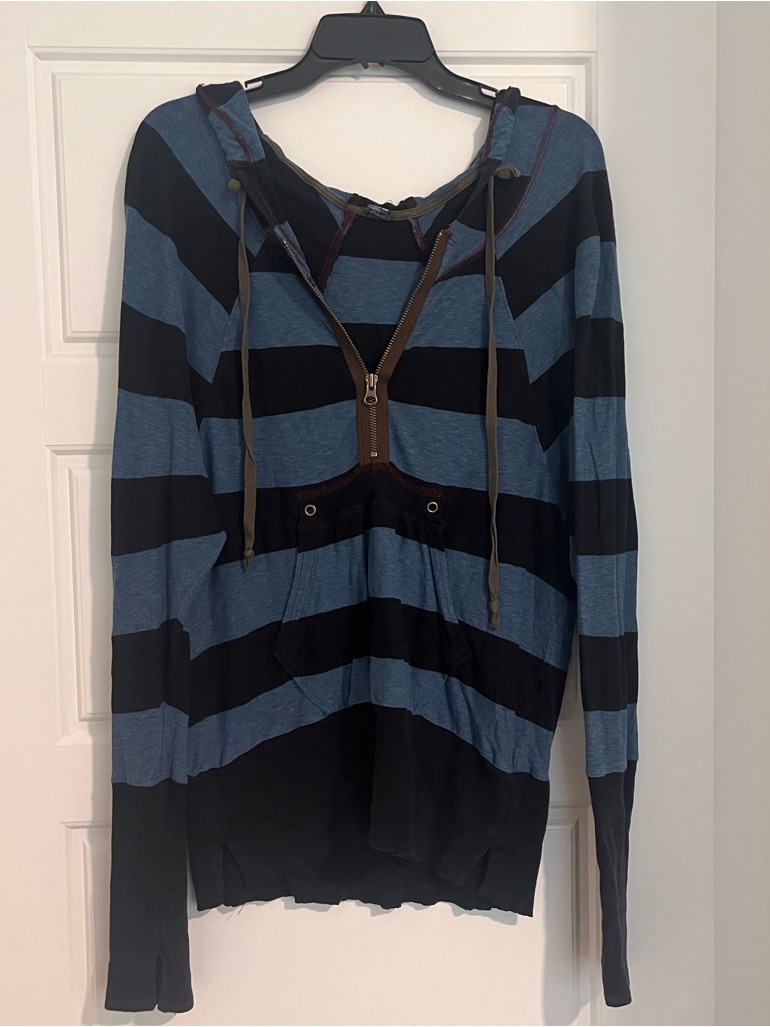 Free People Blue & Black Striped V-Neck Hoodie | 100% Cotton